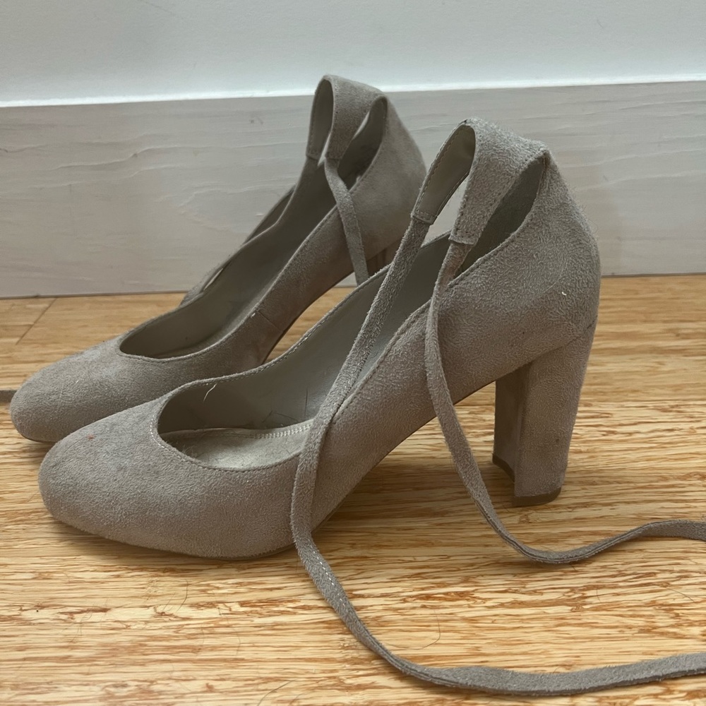 Gray suede block heels